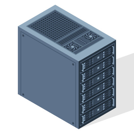 Isometric server. Server racks. Server boxes isolated. Network server room. Computer network...