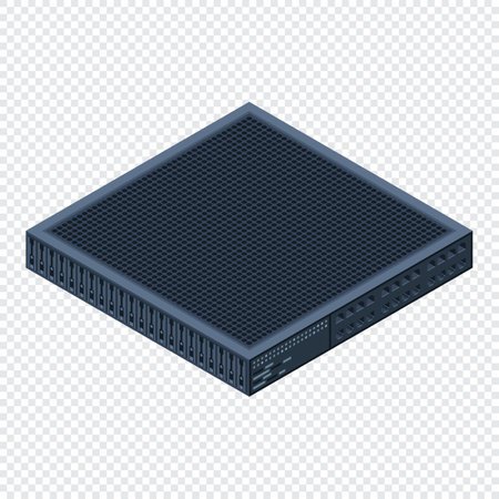 Isometric server. Server racks. Server boxes isolated. Network server room. Computer network technology. Vector illustrationのイラスト素材