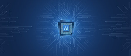 AI technology CPU chipset with printed circuit board. Printed circuit board and processor. Machine learning. Artificial intelligence web bannerのイラスト素材