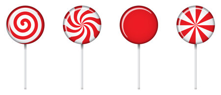 Set of lollipop with spiral and ray patterns. Striped twisted candy. Illustration for new years day, winter holiday, dessert, new years event. Vector illustrationのイラスト素材