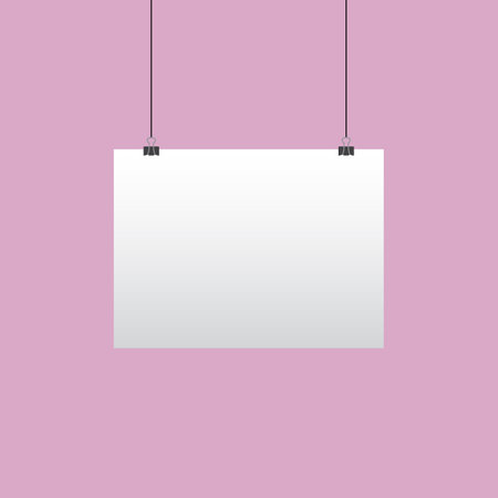 Paper hanging on clip. Poster mockup with white frame. Poster hanging on rope with clips. Realistic empty banner. Vector illustrationのイラスト素材