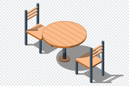 Isometric round table with chairs. Wooden round table. Isometric furniture. Vector illustrationのイラスト素材