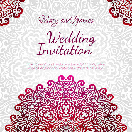 Lacy vector wedding card template. Romantic vintage wedding invitation. Abstract circle floral ornament. Good for birthday invitation or baby shower invitation. ethnic designのイラスト素材