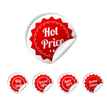 Set Of red round paper SALE stickers on white background. Round, square and rectangular stickers. Vector illustrationのイラスト素材