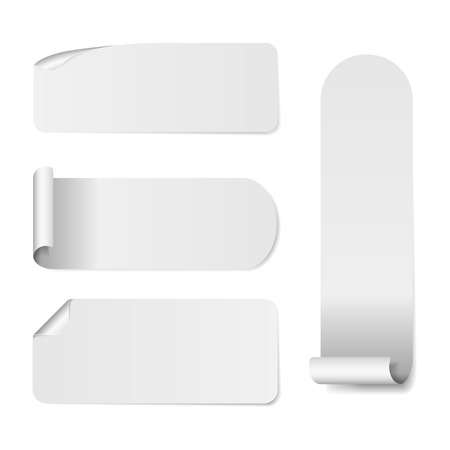 Set Of Blank white paper stickers on white background. Round, square and rectangular stickers. Vector illustrationのイラスト素材