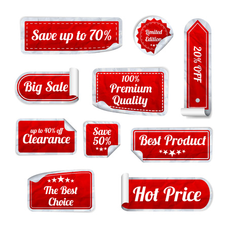 Set Of red crumpled paper SALE stickers on white background. Round, square and rectangular stickers. Vector illustrationのイラスト素材
