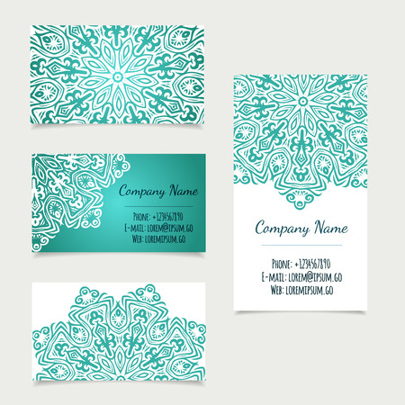set of retro business card templates with mandala, vector illustration. office collection.のイラスト素材