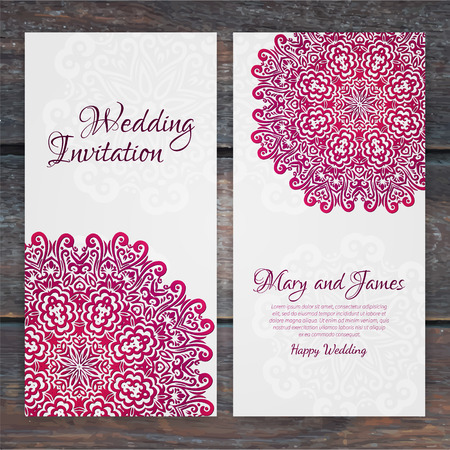 Lacy vector wedding card template. Romantic vintage wedding invitation. Abstract circle floral ornament. Good for birthday invitation or baby shower invitation. ethnic designのイラスト素材