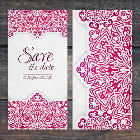 Lacy vector wedding card template. Romantic vintage wedding invitation. Abstract circle floral ornament. Good for birthday invitation or baby shower invitation. ethnic designのイラスト素材