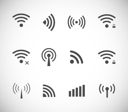 Set of different black vector wireless and wifi icons for remote access and communication via radio wavesのイラスト素材