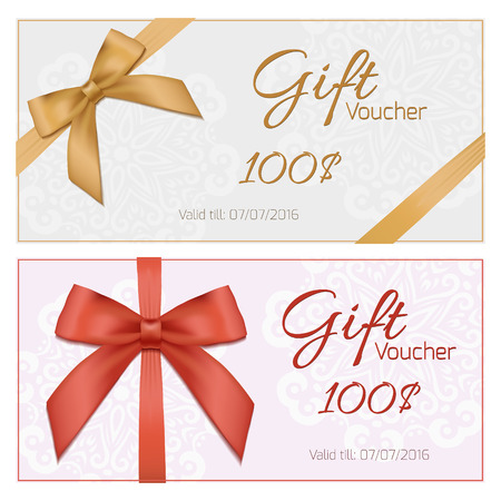 Voucher template with floral pattern, border, red and gold bow and ribbons. Design usable for gift coupon, voucher, invitation, certificate, diploma, ticket etc. Vector illustrationのイラスト素材