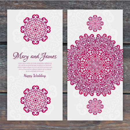 Lacy vector wedding card template. Romantic vintage wedding invitation. Abstract circle floral ornament. Good for birthday invitation or baby shower invitation. ethnic designのイラスト素材