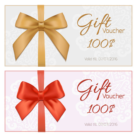 Voucher template with floral pattern, border, red and gold bow and ribbons. Design usable for gift coupon, voucher, invitation, certificate, diploma, ticket etc. Vector illustrationのイラスト素材