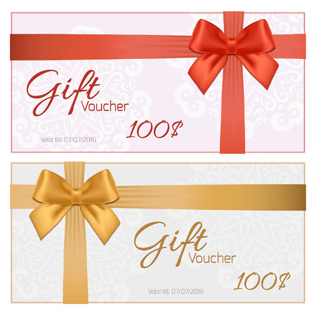 Voucher template with floral pattern, border, red and gold bow and ribbons. Design usable for gift coupon, voucher, invitation, certificate, diploma, ticket etc. Vector illustrationのイラスト素材
