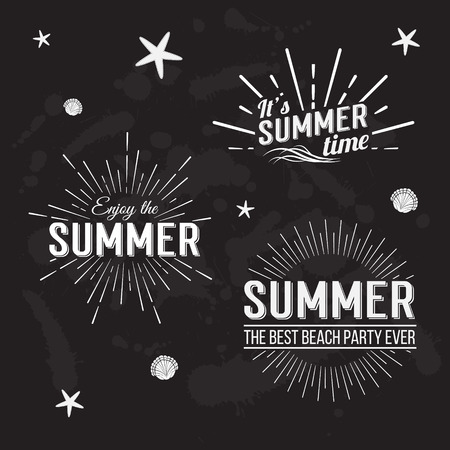 Retro elements for Summer calligraphic designs. All for Summer holidays, tropical paradise, sea, sunshine, weekend tour, beach vacation, adventure labels. Vintage ornaments. Vector illustrationのイラスト素材
