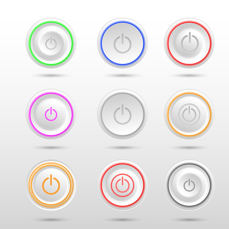Set of different led power buttons on white background. Vector illustrationのイラスト素材