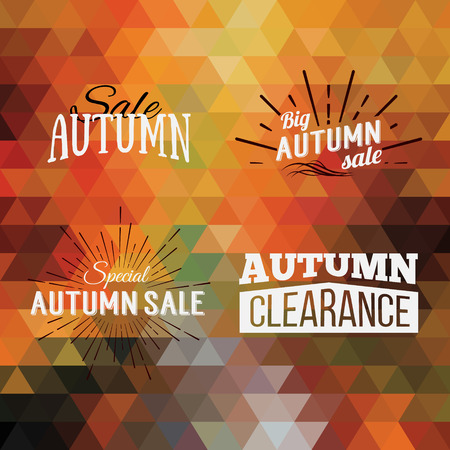 Colorful geometric background card with set of autumn sale logos. Vintage autumn geometric clearance banner. Vector Orange Poster.のイラスト素材