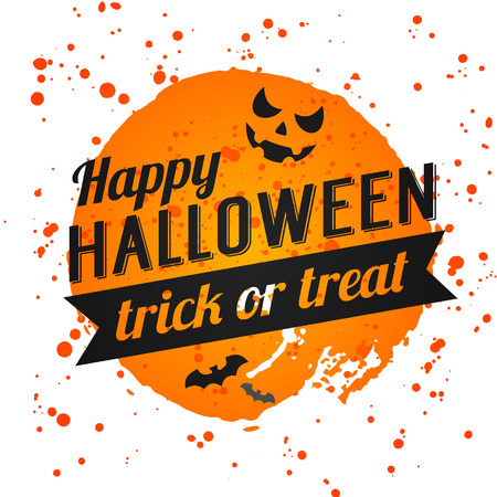 Happy Halloween Poster on bright watercolor background with stains and drops. Vector Illustration of Happy Halloween banner with halloween elements. Bats, spiderweb, pumpkin with Face.のイラスト素材