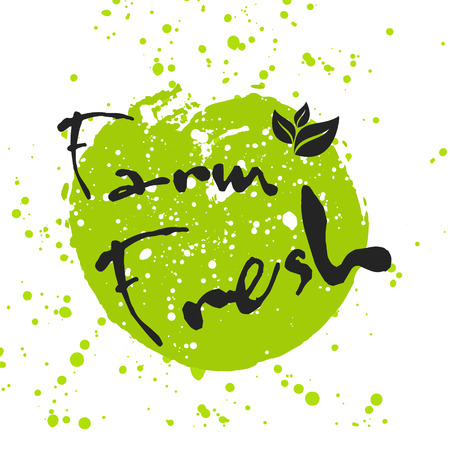 Eco icon with leaf, vector bio sign on watercolor stain with watercolor spots. Vector banner farm fresh with leaves. Watercolor poster with natural organic food concept.のイラスト素材