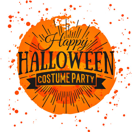 Happy Halloween Poster on bright watercolor background with stains and drops. Vector Illustration of Happy Halloween banner with halloween elements - Pumpkin with Face.のイラスト素材