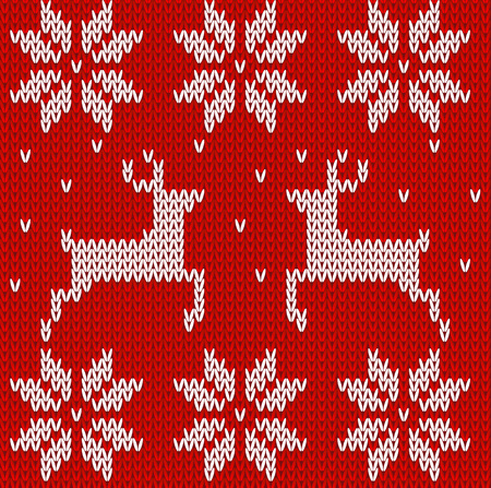 Red Knitted deers and stars sweater in Norwegian style. Knitted Scandinavian ornament. Vector seamless patternのイラスト素材