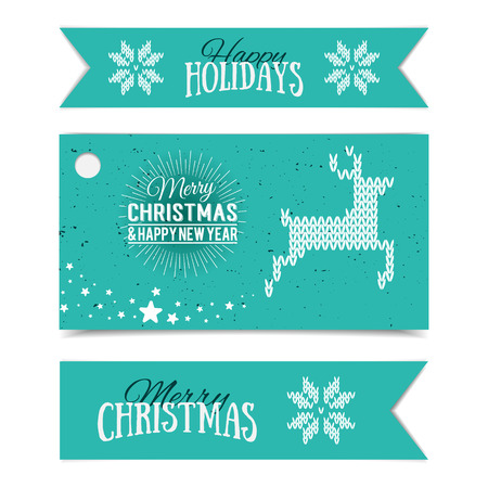 Illustration of colorful paper cards and ribbons with Happy Holidays and Merry Christmas lettering. Vector banners. Xmas postcards. Knitted norwegian elements. Present tagsのイラスト素材