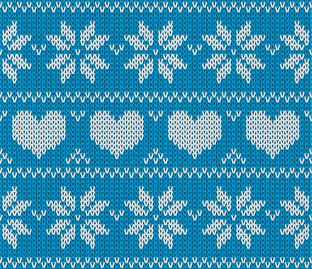 Blue Knitted stars and hearts sweater in Norwegian style. Knitted Scandinavian ornament.  Vector seamless Christmas sweater pattern.のイラスト素材