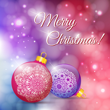 Christmas Greeting Card with Xmas Balls. Merry Christmas lettering, vector illustration in defocus background with lightsのイラスト素材
