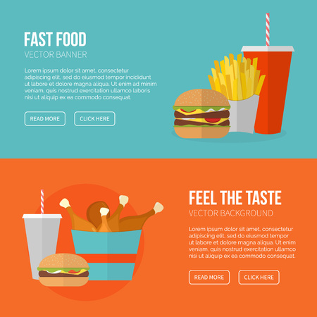 Fast Food Vector Concept. Lunch french fries, chicken, donut, pizza,burger and soda. Flat design cheeseburger, hamburger and other restaurant menu elements. Vector poster of unhealthy fast food eatingのイラスト素材