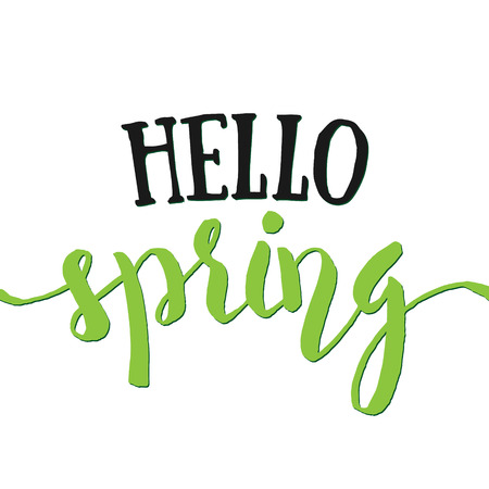 Hello Spring - Hand drawn inspirational quote. Spring Vector isolated typography design element. Hello Spring Brush lettering quote. Good for posters, cards. Housewarming hand lettering spring quoteのイラスト素材
