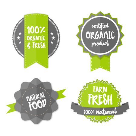 Set of Fresh Organic Labels and Elements. Vector farm green stickers. Eco green signs, vector bio labels. 100% natural organic concept banner. Flat logos with natural organic food lettering concept.のイラスト素材