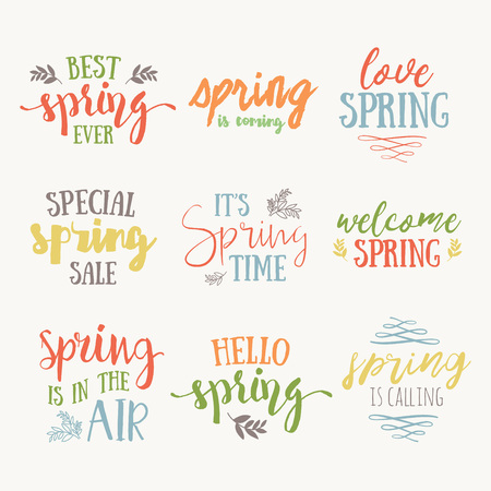 Hello Spring hand drawn inspiration quote. Vector watercolor spring typography text design element. Brush lettering quote and spring time typographic poster. Housewarming hand lettering spring quote.のイラスト素材