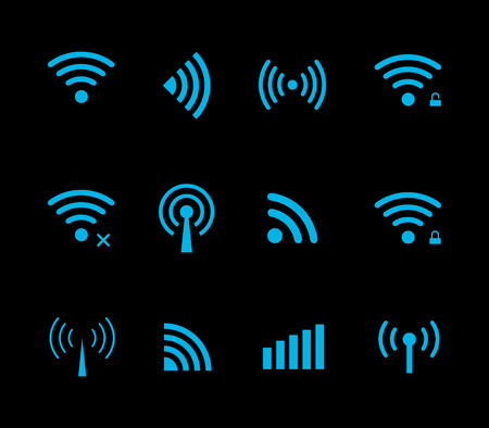 Neon futuristic vector wireless and wifi icon for remote access and communication via radio waves. Wireless logo. Set of indicators. Wi-fi logo. Remote icon. Bar element, internet load. Free wifi iconのイラスト素材