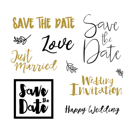 Save the date hand drawn lettering. Gold, black and white color style for design wedding invitation, photo overlay, scrapbook and save the date card. Save the date vector invitation template Isolatedのイラスト素材