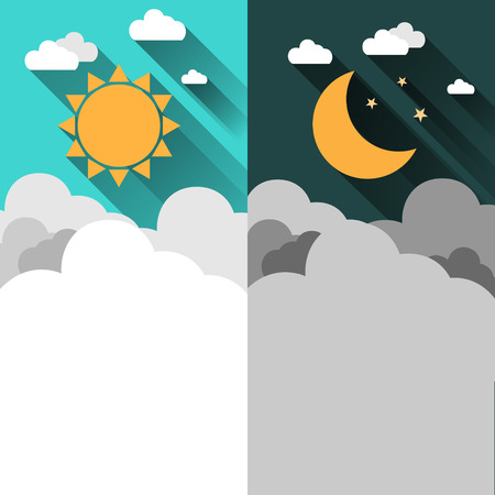 Sun, moon, stars and clouds banner. Day and night time concept vector banner. Sunny Day flyer. Star Moon Night flyer. Weather background. Forecast concept banner. Daytime poster. Day and Night layoutのイラスト素材