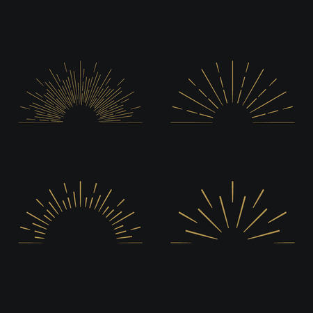 Retro Sun burst shapes. Vintage starburst logo, labels, badges. Sunburst minimal logo frames. Vector firework design elements isolated. Sun burst light logo. Minimal vintage gold firework burst.のイラスト素材