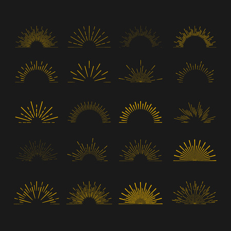 Retro Sun burst shapes. Vintage starburst logo, labels, badges. Sunburst minimal logo frames. Vector firework design elements isolated. Sun burst light logo. Minimal vintage gold firework burst iconのイラスト素材