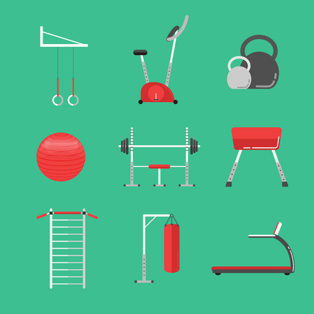 Sport equipment flat icons isolated. Gym training, bodybuilding and active lifestyle, fitness equipment. Fitness gym sport club vector icons. Sport equipment icons isolated. Athlete and Sportのイラスト素材