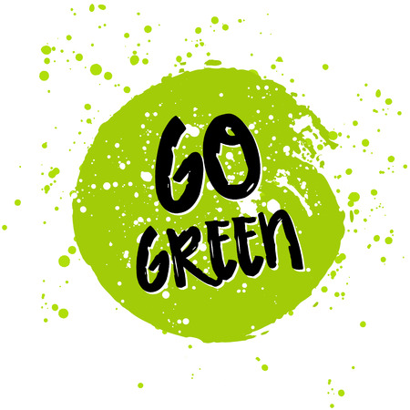 Go green Eco icon and bio sign on watercolor stain. Vector banner 100% natural organic food concept. Farm Fresh logo and Certified Organic Product emblem. Natural Vegetarian food and Vegan food labelのイラスト素材
