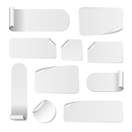 Blank white paper stickers isolated on white background. Round, square and rectangular sticker template. Sale and Clearance stickers and banners. Big Sale promotion. Blank white Sticker Templatesのイラスト素材