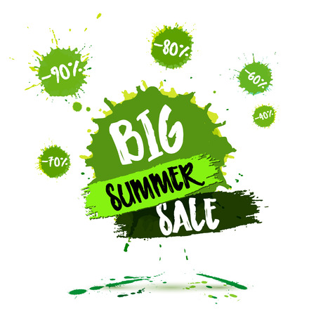 Summer Sale badge, Summer sale label, Summer sale banner. Vector watercolor banner with ink splashes. SALE Summer poster. Vector illustration. Special offer. Big Summer sale banner. Big Discountのイラスト素材
