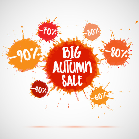 Sale badge, autumn sale label, autumn sale banner. Vector watercolor banner with ink splashes. SALE autumn poster. Vector illustration. Special offer. Big autumn sale banner.のイラスト素材