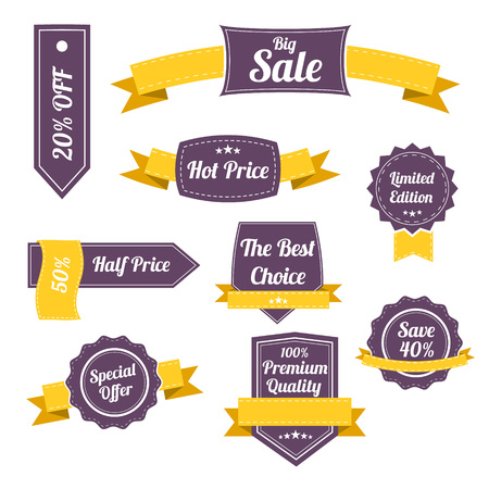 Set of retro labels and banners isolated on white. Vector Illustration. Special offer banner. Premium quality label. Sale stamp. Big Clearance. vector layoutのイラスト素材