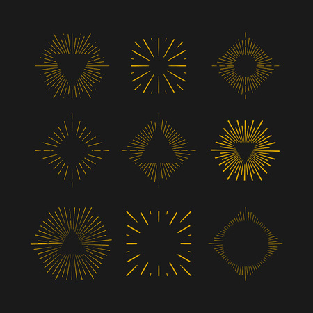 Retro Sun burst shapes. Vintage starburst  labels, badges. Sunburst minimal frames. Vector firework design elements isolated. Sun burst light. Minimal vintage gold firework burst.のイラスト素材