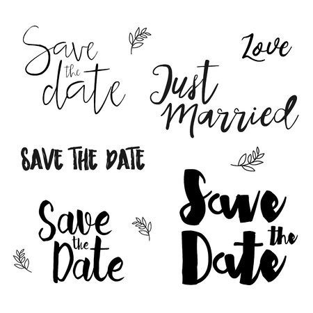 Save The Date Wedding invitation labels. Save The Date lettering. Save the date templates, wedding invitation with hand drawn lettering Isolated. Save the date template. Vector Save the date card.のイラスト素材