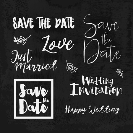 Save the date hand lettering. Set of wedding invitation vintage typographic design elements. Vector calligraphic phrases about love, wedding, just married.のイラスト素材