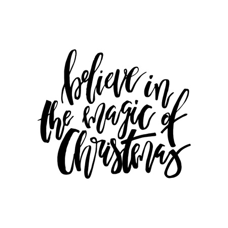 Merry Christmas card with calligraphy "Believe in the magic of Christmas". Template for Greetings, Congratulations, Housewarming posters, Invitations, Photo overlays. Vector illustrationのイラスト素材