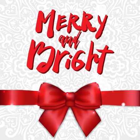 Holiday Greeting card with satin ribbon and bow. Calligraphy Merry and Bright. Template for Congratulations, Housewarming posters, Invitations, Photo overlays. Vector illustrationのイラスト素材