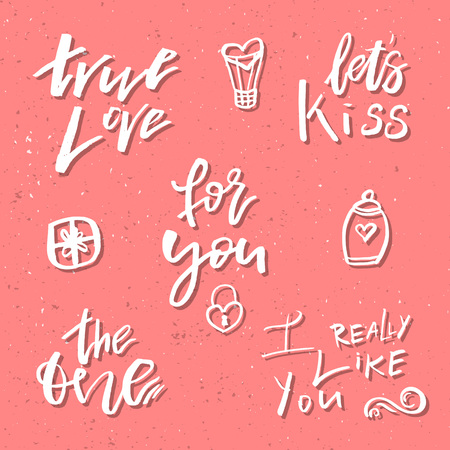 Valentines day romantic handdrawn icons and clip art. Good for greetings, posters, t-shirt, prints, cards, banners, logos.  Vector Lettering. Typographic element for your designのイラスト素材