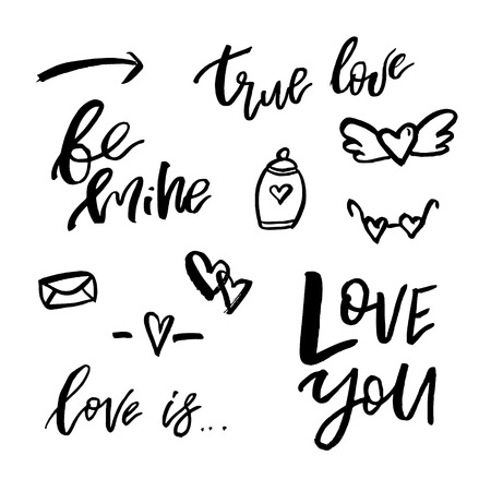 Happy Valentines day icons with calligraphy on white. Template for Greetings, Congratulations, Housewarming posters, Invitation, Photo overlay. Vector illustrationのイラスト素材